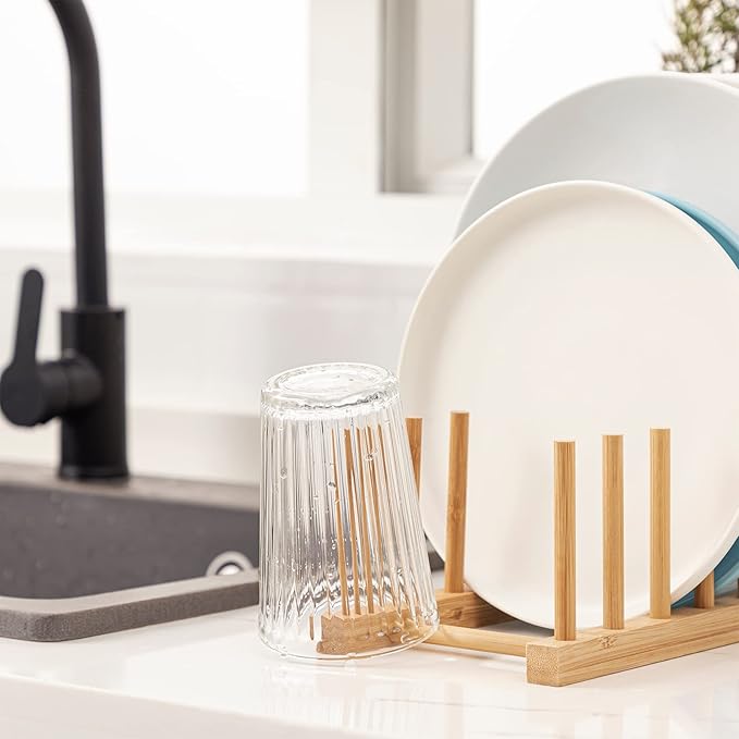 HBlife Bamboo Dish Plate Bowl Cup Book Pot Lid Cutting Board Drying Rack Stand Drainer Storage Holder Organizer Kitchen Cabinet（Keep Dry） - Image 5