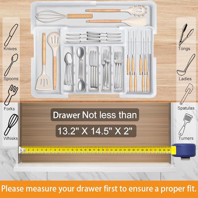 Silverware Organizer for Kitchen Drawer, Expandable Utensil Drawer Organizer with 2 Knife Block, Flatware and Cutlery Holder, Adjustable Plastic Storage for Spoons Forks Knives - Image 5