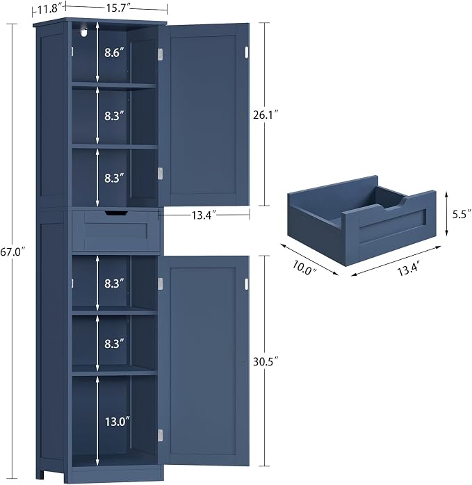 Iwell 67" Tall Bathroom Cabinet, Storage Cabinet with 2 Doors & 1 Drawer, Bathroom Storage Cabinets with Adjustable Shelves, for Living Room, Laundry Room, Home Office, Blue - Image 3