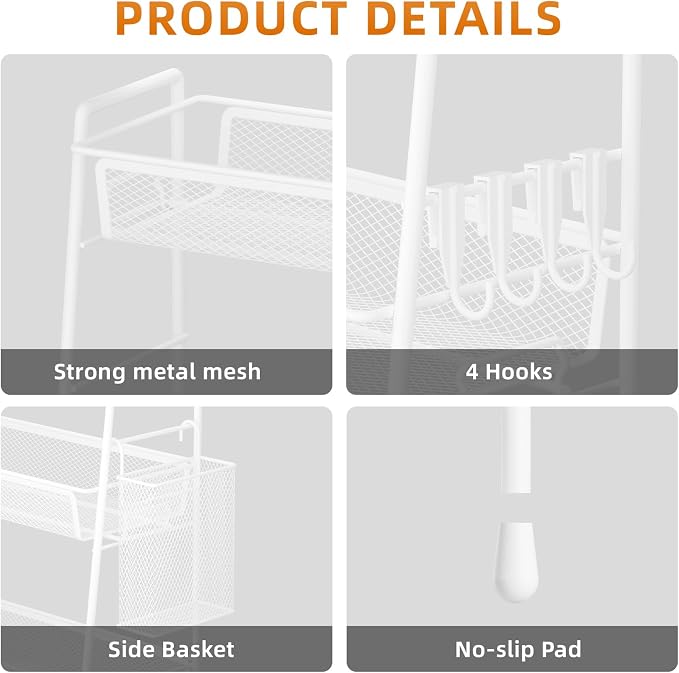 VITVITI 3 Tier Bathroom Organizer Countertop, Counter Storage Shelf, White | Metal Wire Mesh Bathroom Counter Organizer with Basket Hooks, Vanity Tray, Kitchen Spice Rack - Image 5