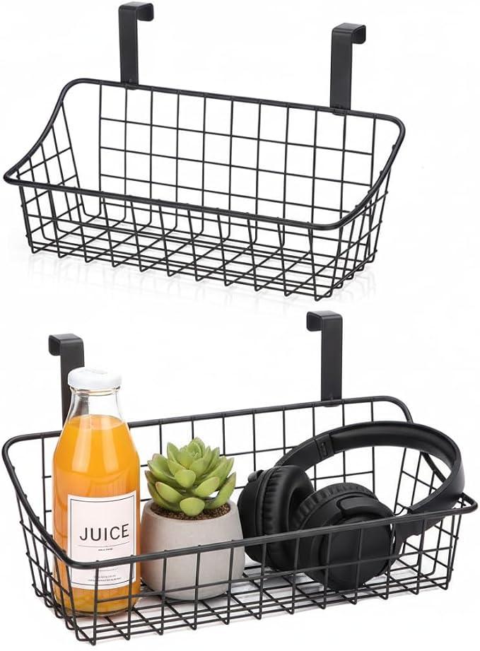 LeleCAT Over Cabinet Door Basket with hook Grid Storage Basket, Kitchen Storage Organizer,Over Cabinet Door Organizer,Hanging it behind a door or on a railing, Small, BLack,2 Pack by HomeSpaceStorageBasket