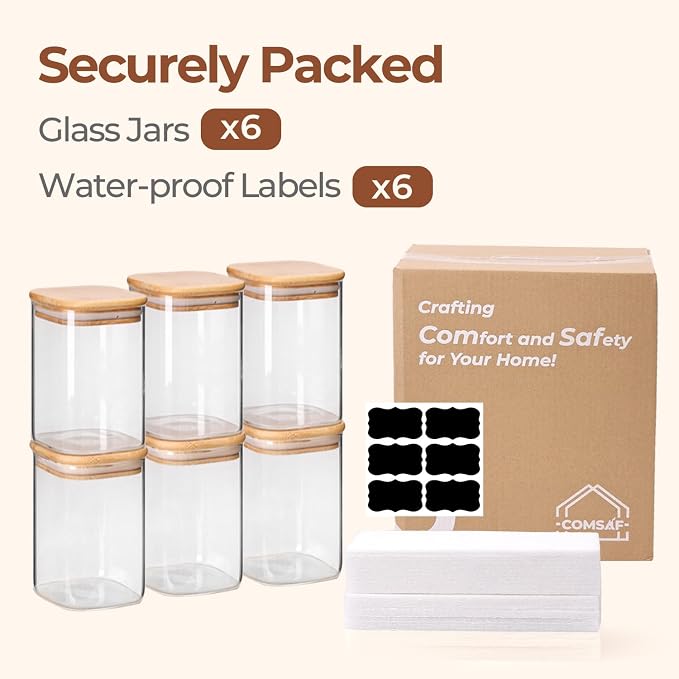 ComSaf 1.2 QT Glass Storage Containers with Lids, Glass Jars with Lids, Clear Food Jar, Square Canister Set of 6, Pantry Organizers and Storage for Cookie Flour Oat Pasta Tea Coffee Bean (Pack of 2) - Image 8