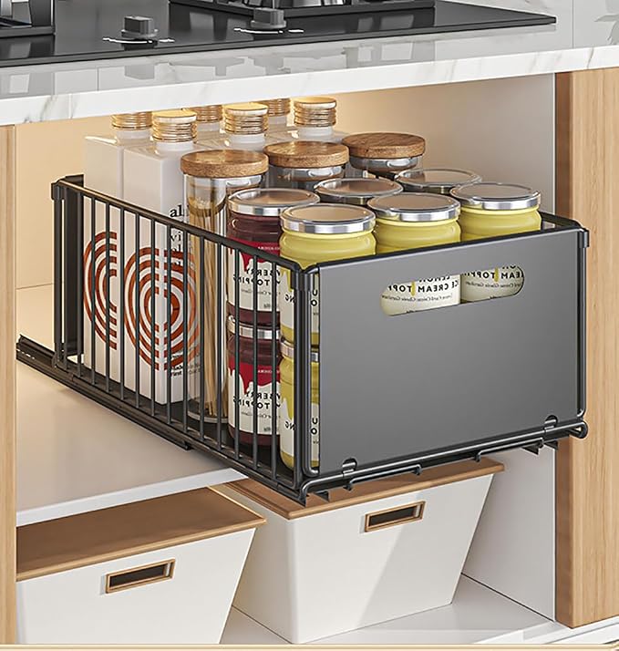 YunNasi Pull Out Cabinet Organizer, Black, 1Piece 9.8" W X15 D X7.5 H | Slide Out Drawer Storage Shelves, Cupboard Organiser, Sliding Cabinet Basket for Kitchen, No Drilling and Nailing by YunNasi