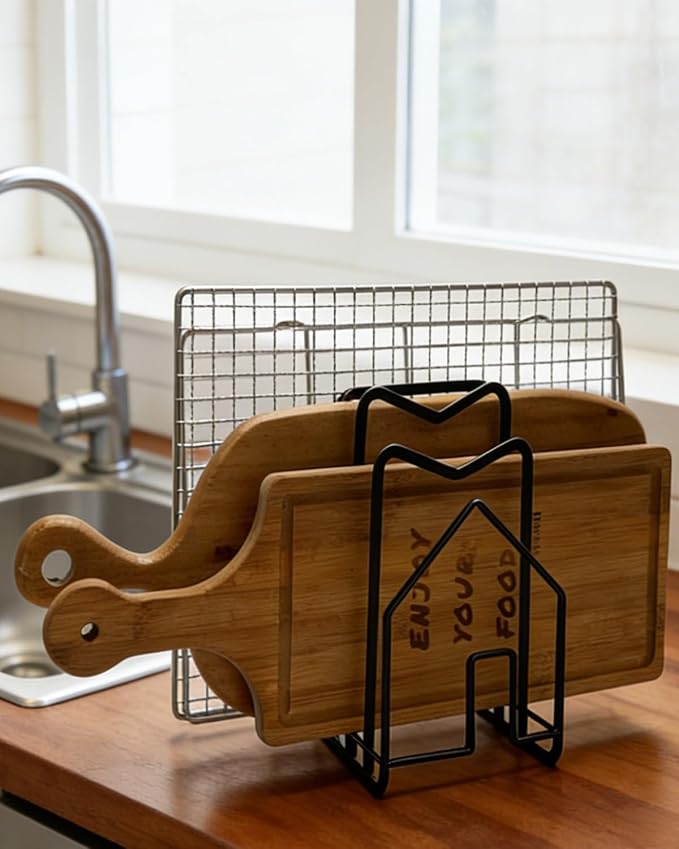 SUNFICON Cutting Board Rack Chopping Board Organizer Stand Holder Kitchen Countertop Pots Pan Lids Rack Organizer Flat Steel 4.92 x 5.7 x 8.47 in. Black - Image 7