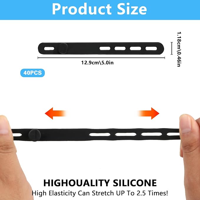 40 Pcs Black Silicone Cable Ties, Reusable Cable Straps Wire Organizer. | Cable Management Cord Organizer for Fastening Earphone Phone Charger Home Office Desk Kitchen Appliances Cable Cords Wires - Image 2