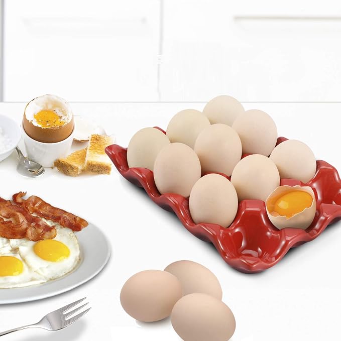 Flexzion Ceramic Egg Holder for Fridge - 12 Cups Egg Tray Whole Dozen Porcelain Container Keeper Storage Organizer Decorative Serving Stand Serveware for Countertop Display Kitchen (Red) - Image 3