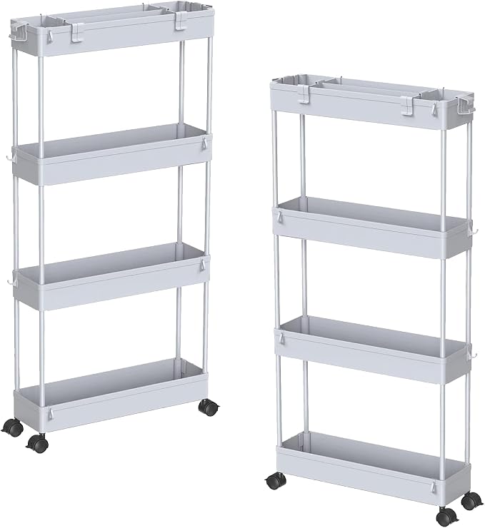 2-piece Set Slim Storage Cart 3 Tier,Bathroom Organizer Rolling Utility,Mobile Shelving Unit Slide Out for Office, Kitchen, Laundry Room & Narrow Places by Home