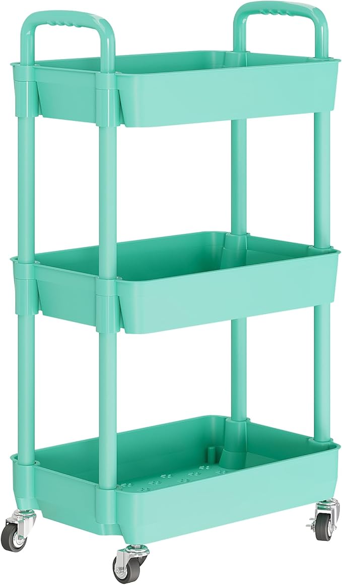 Laiensia 3-Tier Rolling Cart with Wheels,Multifunction Utility Storage Carts, Kitchen Storage Organizer,Mobile Shelving Unit for Bathroom,Laundry,with Classified Stickers,Green - Image 2