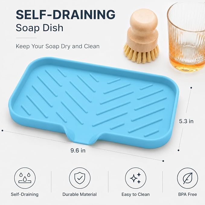 MicoYang Silicone Soap Dish with Drain Spout — Self-Draining Sink Organizer Tray for Bathroom & Kitchen, Sponges, Dispensers & Soap Holder, Non-Slip & Dishwasher Safe, Light Blue (Medium, 9.6"×5.3") - Image 2
