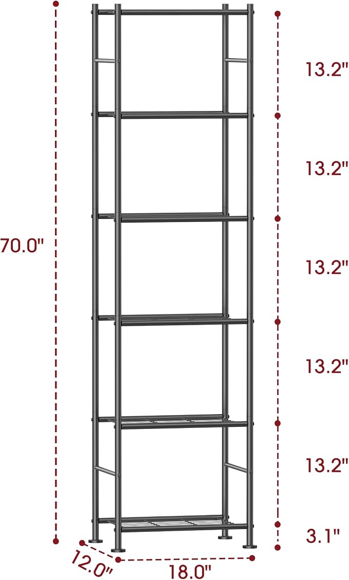 Sakugi Storage Shelves - 6 Tier Shelf Organizer, Sturdy Metal Garage Shelving with Adjustable Leveling Feet, Space-Saving Shelves Organizer for Pantry, Laundry, Kitchen (18" x 12" x 70", Black) - Image 2