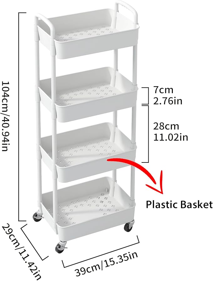 Sywhitta 4-Tier Plastic Rolling Utility Cart with Handle, Multi-Functional Storage Trolley for Office, Living Room, Kitchen, Movable Storage Organizer with Wheels, White (Pack of 2) - Image 2