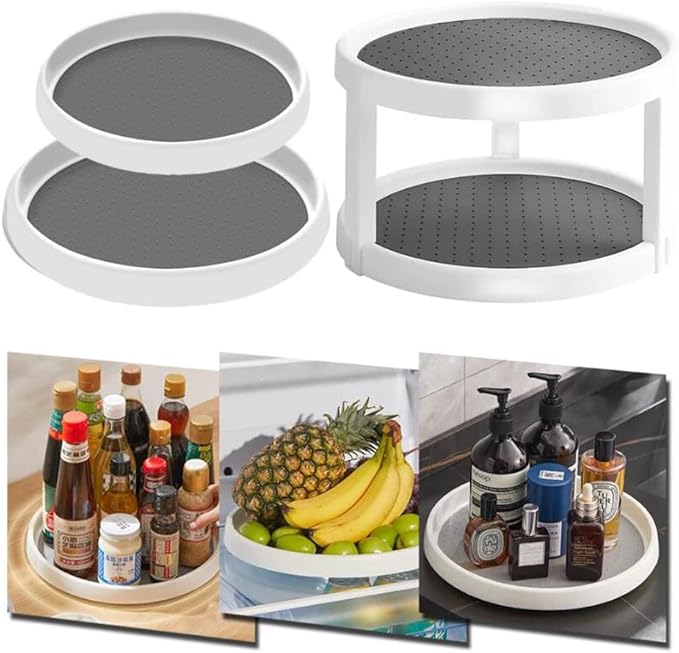 2 Tier Non Skid Spice Rack Turntable, 10 Inch Spinning Organizer, Non Skid Lazy Susan Turntable, 360° Rotating Seasoning Organizer for Kitchen, Pantry Cabinet, Refrigerator, Bathroom, Gray & White - Image 6