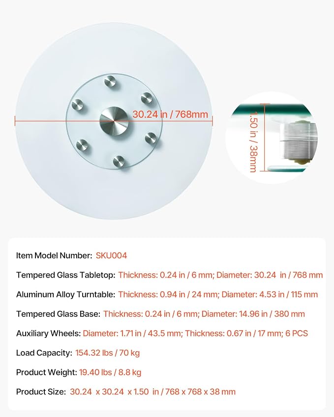 VEVOR 30 in Glass Lazy Susan Turntable, Tempered Glass Dining Table Centerpiece with 6 Rotating Wheels, 360° Smooth and Silent Spin Tabletop Rotating Tray, for Family Gatherings, Banquets & Weddings - Image 7