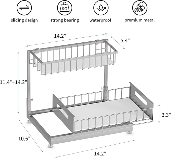 L-Shaped Under Sink Organizer, 2-Tier Pull-out Cabinet Rack 1-Pack | Grey Height-Adjustable Steel Rack, Sliding Grid Drawers with PP Liners, Holds 100 Lbs, Suction Base, Ideal Kitchen Storage - Image 6