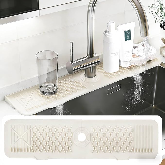 24 Inch Silicone Faucet Mat for Kitchen Sink, 7° Slope Fast Self-Draining Sink Splash Guard, Kitchen Sink Water Catcher Organizer, Kitchen Sink Accessories (off-white, 24''x5.6'') by EBIGIC