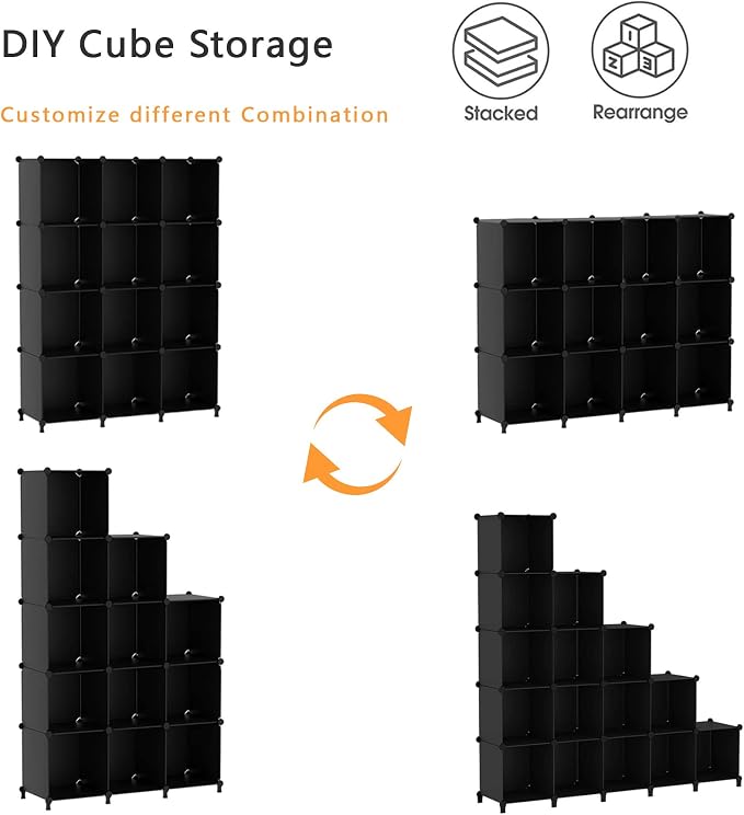 AWTATOS 12 Cube Storage Organizer, Closet Organizer Storage Shelves, Black | Portable Closet, DIY Stackable Storage Cubes Shelve, Plastic Clothes Organizer Shelving for Home, Bedroom - Image 7