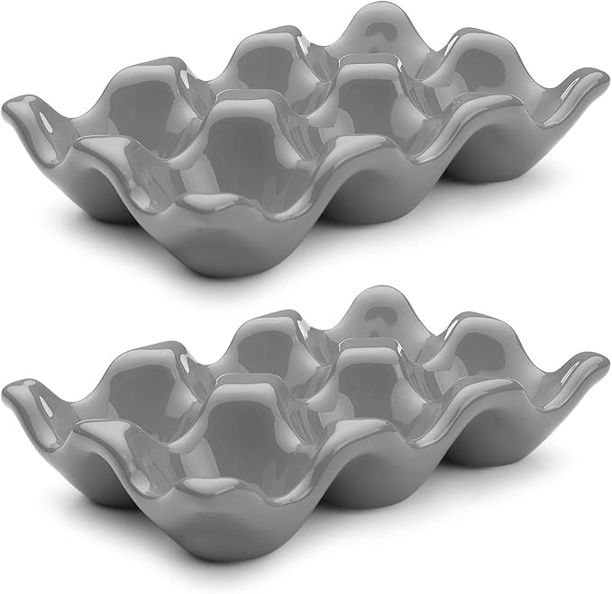 Flexzion Porcelain Egg Crate - 6-Egg Capacity Ceramic Egg Tray, Half Dozen Egg Holder for Fridge, Countertop Display - Gray Decorative Serving Dish and Storage Organizer, 2 Pack by Flexzion