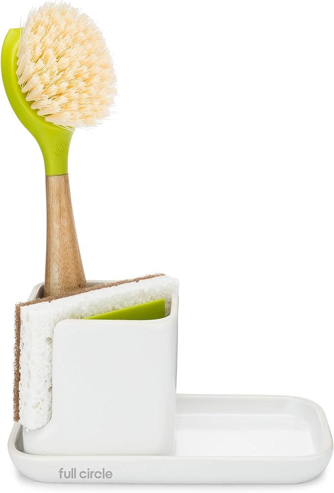 Full Circle Stash, Ceramic Kitchen Sink Caddy, Stylish Modular Sponge Holder & Dish Brush Organizer, Green and White, 11" - Image 2
