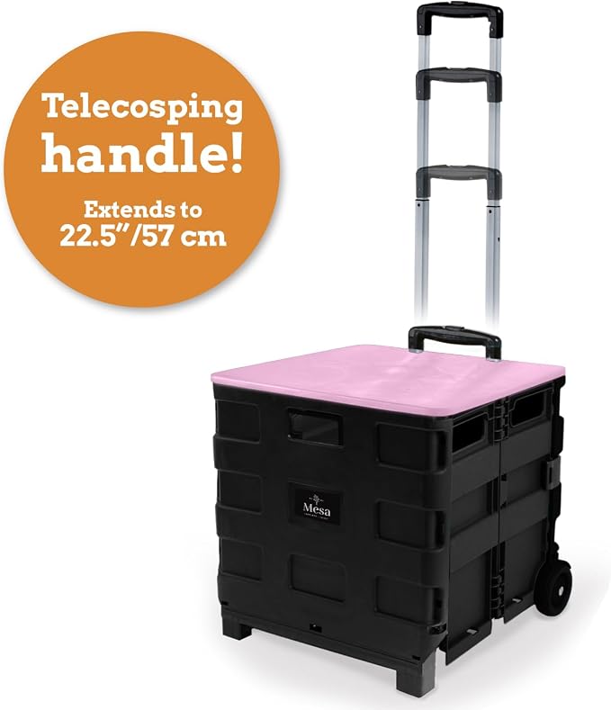 Inspired Living Collapsible Ultra-Slim Pack-N-Roll,2 Wheel Utility Cart w/Lid Used as Seat up to 250 Lbs, Telescopic Handle, Super Strong, for Home,Garden,Shopping,Office,School, Large, Pink & Black - Image 7