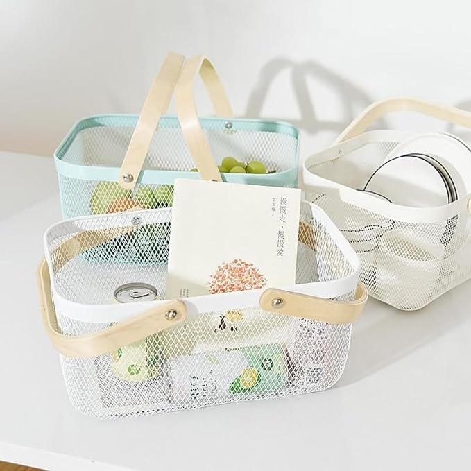 Portable Mesh Harvest Basket - Natural Bamboo Handle Foldable Organizer for Kitchen, Garden & Picnic | Ventilated Storage Bin with Rust-Proof Wire, Space-Saving Farmhouse Decor (Nebula Green) - Image 4