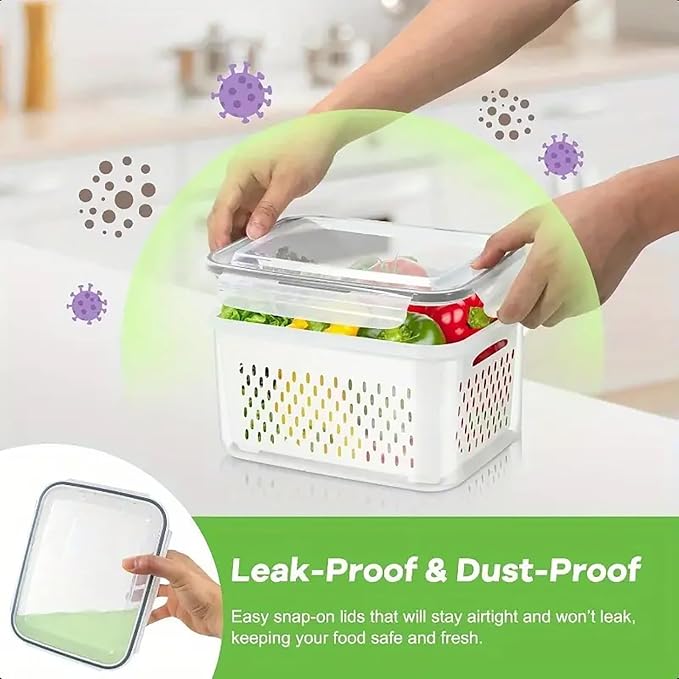 3pcs 4 in 1 Fruit Storage Containers for Fridge with Removable Colanders | Airtight, stackable, keeps food fresh. Dishwasher safe. Berry, vegetable, produce basket, strainer, refrigerator keeper - Image 4