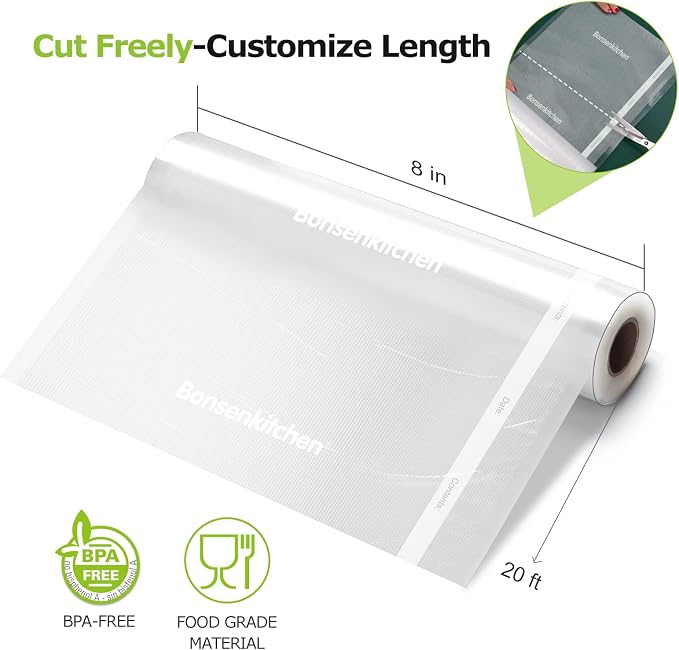 Bonsenkitchen Vacuum Food Sealer Rolls Bags for Food, 2 Packs 8 in x 20 ft | BPA-free, Heavy-duty Small Vacuum Seal Bags, Durable Commercial Customized size for Storage and Sous Vide Cooking, VB3206 - Image 5