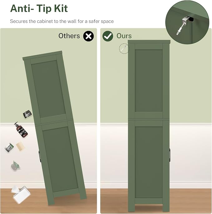 Bathroom Cabinet with Adjustable Shelf & 2 Drawers, Farmhouse Storage Cabinet with 2 Doors, Kitchen Storage Cabinets for Living Room, Entryway, Home Office, Forest Green - Image 9