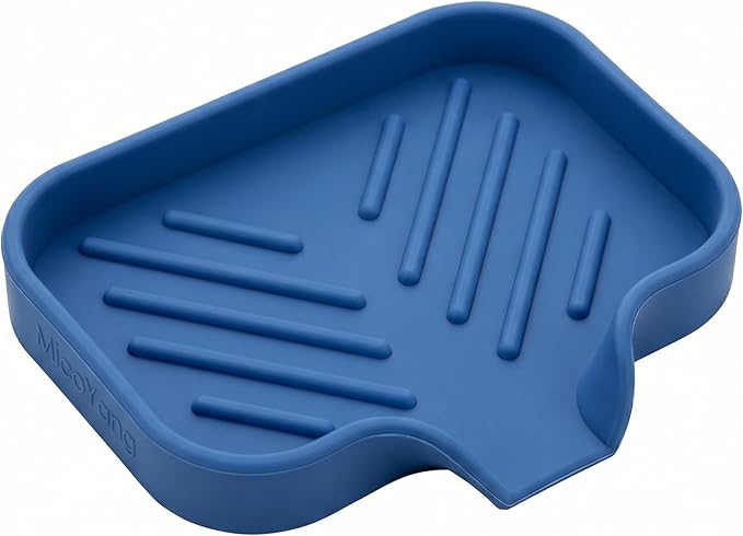MicoYang Silicone Soap Dish with Drain Spout, Self-Draining Sink Organizer Tray for Bathroom & Kitchen, Sponges, Dispensers & Soap Holder, Non-Slip & Dishwasher Safe, Lichen Blue (Compact, 4.9"×3.2") by MicoYang