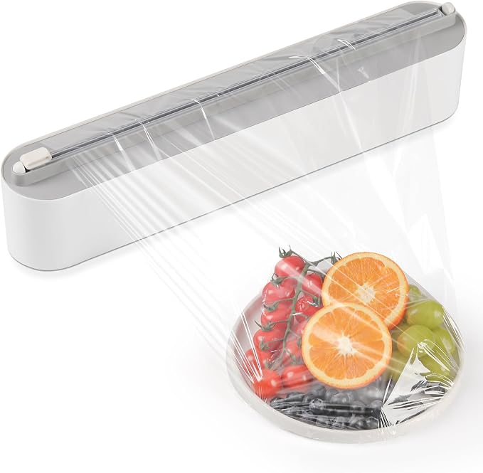Aluminum Foil & Plastic Wrap Dispenser with Slide Cutter - Magnetic & No-Drill Wall Mount, Cling Film Dispenser for Worktops & Cabinets, Space-Saving Kitchen Organizer - Fits 12" Rolls, White by Quasziwa
