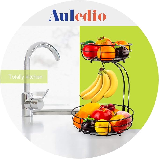 Auledio Iron 2-Tier Countertop Fruit Vegetables Basket Bowl Storage With Banana Hanger, Black, 64 ounces - Image 2