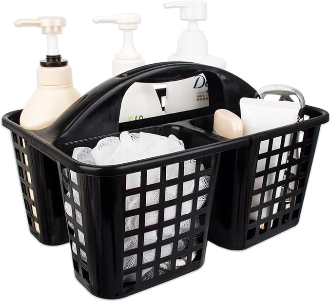 Portable Shower Caddy Basket Plastic Storage Basket with Compartments Black | Sturdy Large Capacity Cleaning Supplies Organizer Divided Tool Bin for Bathroom Kitchen Bedroom College Dorm Essentials by JiatuA