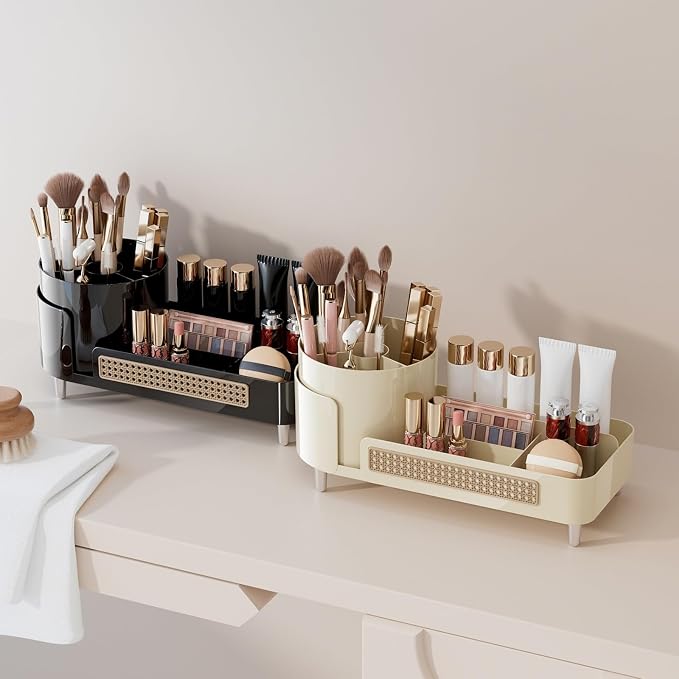 Booklov Rotating Makeup Organizer for Vanity Countertop, Cream | Plastic Cosmetic Display Case, Large Beauty Brush Holder for Bathroom Counter, Skin Care Perfumes Storage - Image 7