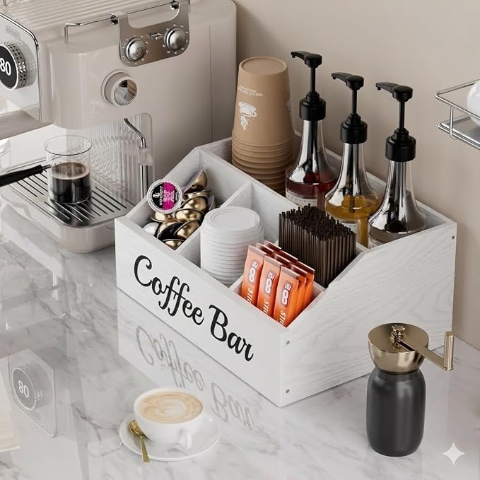 2 Pack Coffee Station Organizer for Countertop – Wooden Coffee Bar Organizer with Adjustable Dividers,Holds K Cup Pod & syrup bottles, for Kitchen, Office, or Bar and Tea Station, White - Image 2