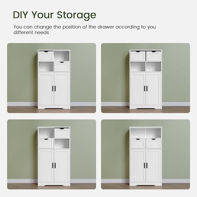 Iwell Bathroom Cabinet with Doors and Drawers, Freestanding Bathroom Storage Cabinet, Adjustable Shelves, for Living Room, Kitchen, Home Office, White - Image 6
