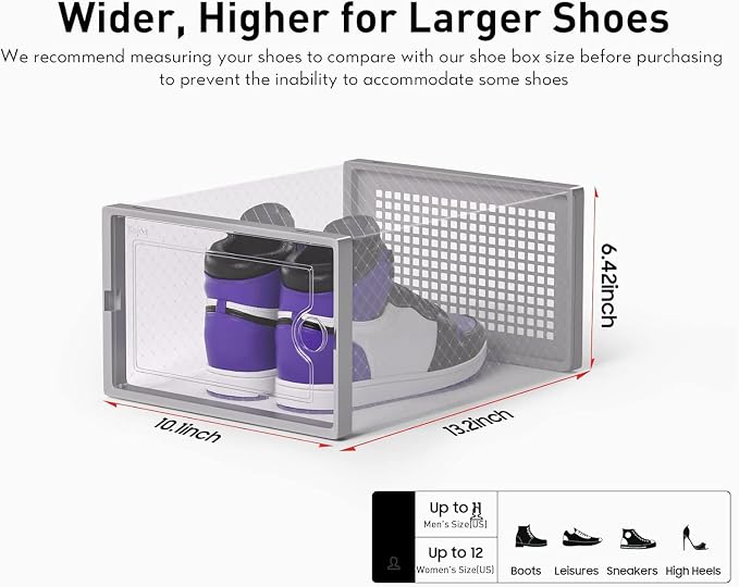 Kuject X-Large Shoe Storage Boxes 12 Pack, Clear Stackable Shoe Organizer | Shoe Case for Closet, Entryway & Under-Bed Storage, Drop-Front Design, Space-Saving Solution for Family Organization,Grey - Image 2