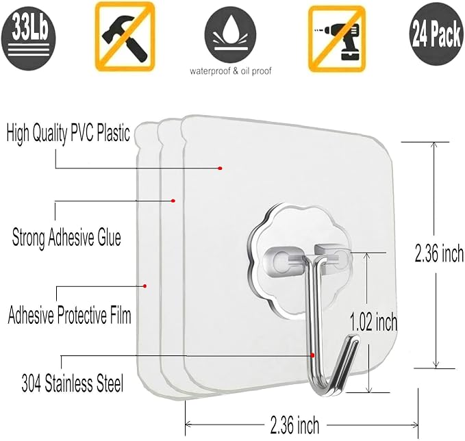 12 Pack Adhesive Wall Hooks Heavy Duty No Drill Clear Sticky Hooks, 33LB | Waterproof Transparent Sticky Hooks for Hanging, 33lbs Max Load No Damage,Ideal for Towel,Coat,Bathroom,Kitchen,Home - Image 2
