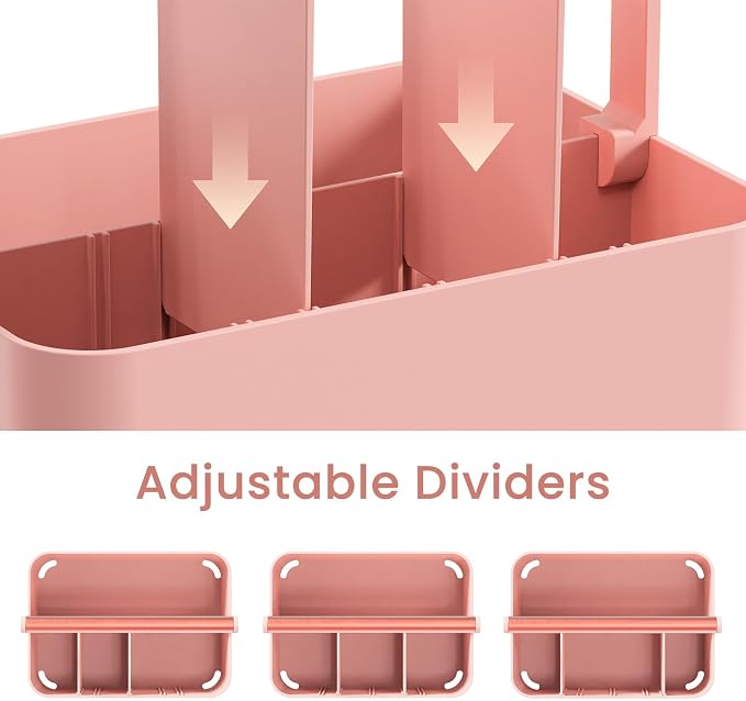 Pink Shower Caddy Portable: Plastic Bathroom Caddy Organizer with Handle, 4 adjustable compartments shower caddy with drainage holes, keeps items organized and dry, easy carry handle for college dorm - Image 3