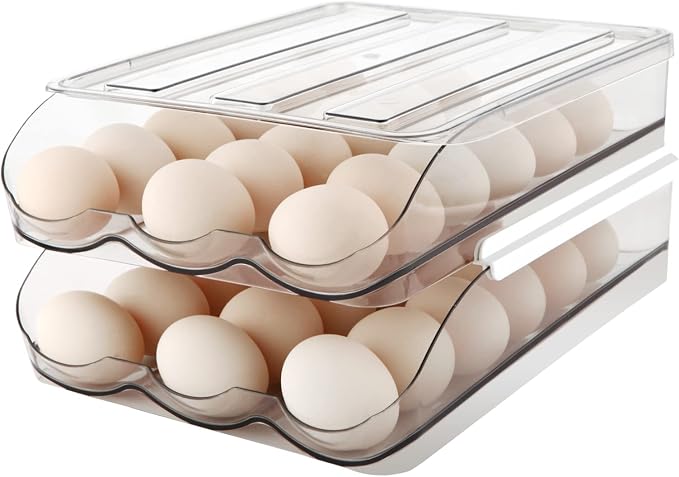 MesRosa Egg Holder for Fridge, Automatic Rolling Container Storage 36 Eggs | Clear Large Capacity Egg Organizer for Refrigerator with Lid, Stackable Dispenser, Tray & Bin, Saving Space -2 Layer by MesRosa