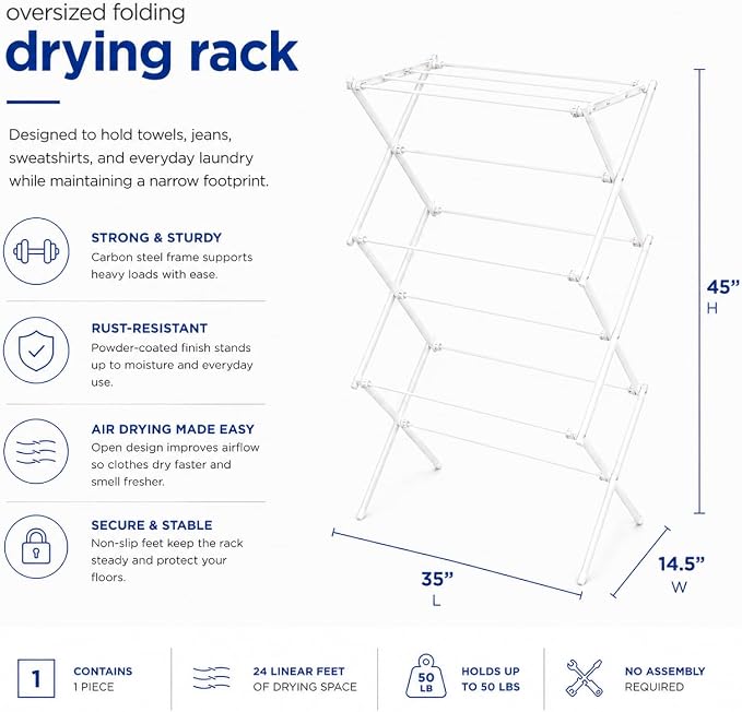 Honey-Can-Do Oversized Clothes Drying Rack, Extra-Wide 35", 50 lb, White | Fits family-size loads of towels, jeans & hoodies; rust-resistant coated steel; folds flat; indoor/outdoor; energy-saving - Image 4
