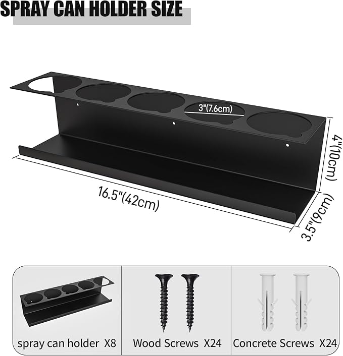 Riciakik 8 Pack Spray Bottle Holder Wall-Mounted, Aerosol Spray Can Holder Storage Rack, Heavy-Duty Paint Bottle Organizer with 40 Holes, Steel Black Spray Rack for Garage, Shop, Home or Tool Trailer - Image 2