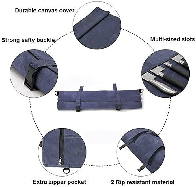 Chef’s Knife Roll Bag,Waxed Canvas Knife Cultery Carrier, Portable Chef Knife Cases,Knife Pouch Holders With 10 Slots Plus 1 Zipper Pockets Can Hold Home Kitchen Knife Tools Up To 18.8” - Image 3
