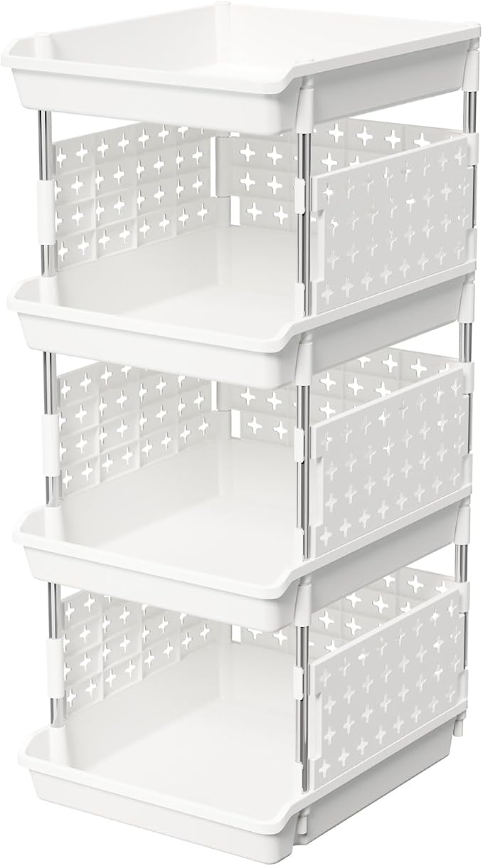 Lifewit Plastic Stackable Storage Baskets, 4 Tier Stacking Bins for Food and Clothes, Multifunctional Organizer for RV, Kitchen, Playroom, Pantry and Bathroom, 13.8"D x 11.8"W x 28.3"H, 1 Pack, White | Stacking Bins for Food, Multifunctional Organizer ... by Lifewit