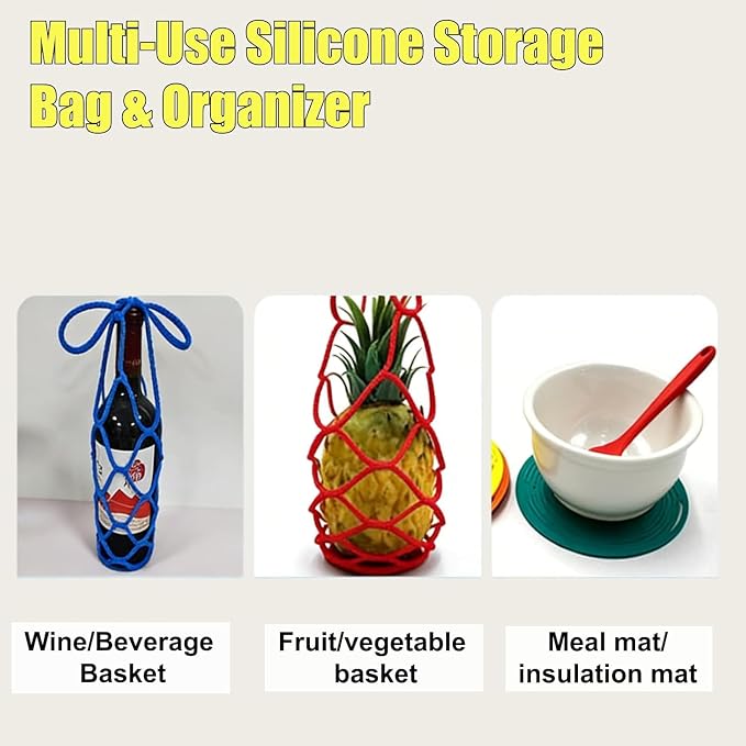 Multi-Use Silicone Storage Bag & Organizer,Multifunctional Mesh Coaster,Silicone Wine Carrier,Reusable, Foldable, Portable Coaster for Wine Bottles, Cans, Cups, Hot Dishes,and Beverages(2pcs Blue) - Image 2
