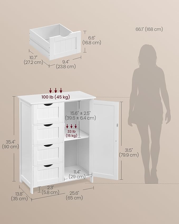 VASAGLE Storage Cabinet with Drawers, Freestanding Floor Cabinet with Door, 13.8 x 25.6 x 35.4 Inches, Adjustable Shelf, for Bathroom, Living Room, Kitchen, Cloud White ULHC042WH01S - Image 5