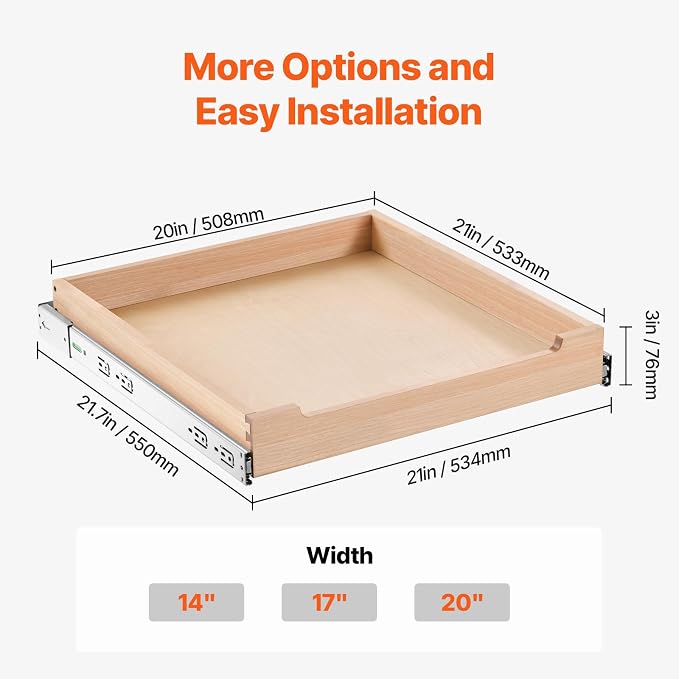 VEVOR Pull Out Cabinet Organizer, 20"W x 21"D Cabinet Drawer, Soft Close Slide out Shelf, Heavy-Duty Sliding Wood Drawer, Bottom Mount Size（20.5"W x 23"D）and Side Mount Size（21"W x 23"D） | Heavy-Duty Sliding Shelf with Bottom or Side Mounting for Organ... - Image 7