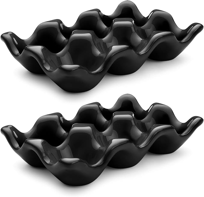 Flexzion Porcelain Egg Crate - 6-Egg Capacity Ceramic Egg Tray, Half Dozen Egg Holder for Fridge, Countertop Display - Black Decorative Serving Dish and Storage Organizer, 2 Pack by Flexzion