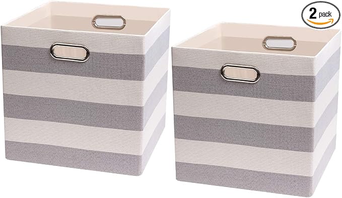 Posprica Storage Cubes,13×13 Collapsible Storage Baskets Bins Fabric Drawers - 2pcs, Grey-white Striped by Posprica