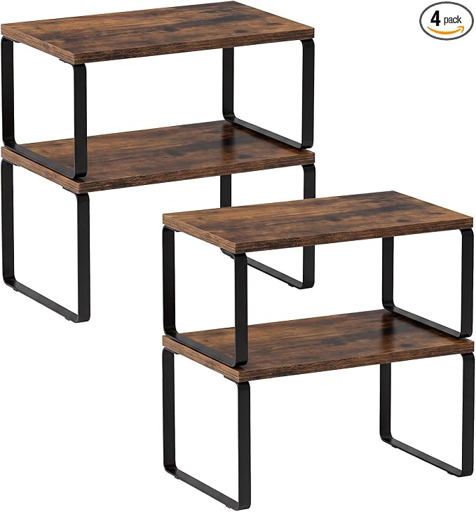 LAMU Cabinet Organizer Shelf, Set of 4 Expandable Kitchen Counter Shelve Plate Organizer for Cabiner, Stackable Spice Rack, CupBoard Organizers and Storage, Brown by YourHome-OrganizationHelper