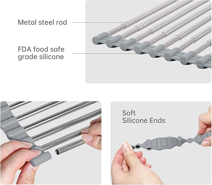 Large Expandable Roll Up Dish Drying Rack, Heat-Resistant Dish Drainer for Stainless Steel Sinks, Over The Sink Non-Slip Silicone Rollable Dish Drainer Roll Rack 18 Tube Gray 21.25''x12.79'' - Image 3