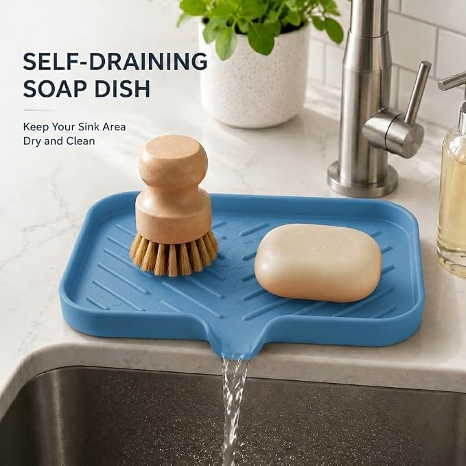 MicoYang Silicone Soap Dish with Drain Spout — Self-Draining Sink Organizer Tray for Bathroom & Kitchen, Sponges, Dispensers & Soap Holder, Non-Slip & Dishwasher Safe, Lichen Blue (Medium, 9.6"×5.3") - Image 7